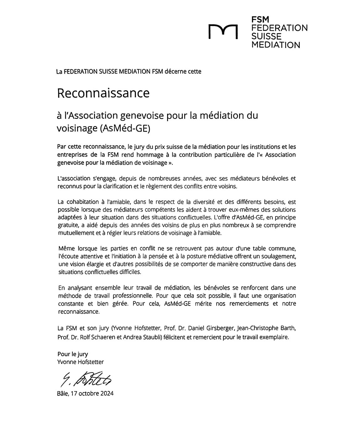 Reconnaissance de la Fédération Suisse Médiation (FSM) à l’association genevoise pour la médiation du voisinage (AsMéd-GE)